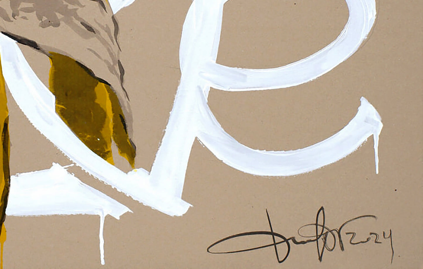 Acrylic painting Eve by Dima Filatov: white brushstrokes on beige with gold brown accents