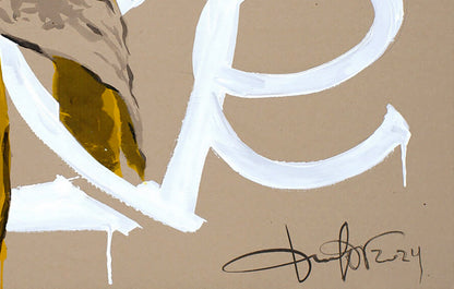 Acrylic painting Eve by Dima Filatov: white brushstrokes on beige with gold brown accents