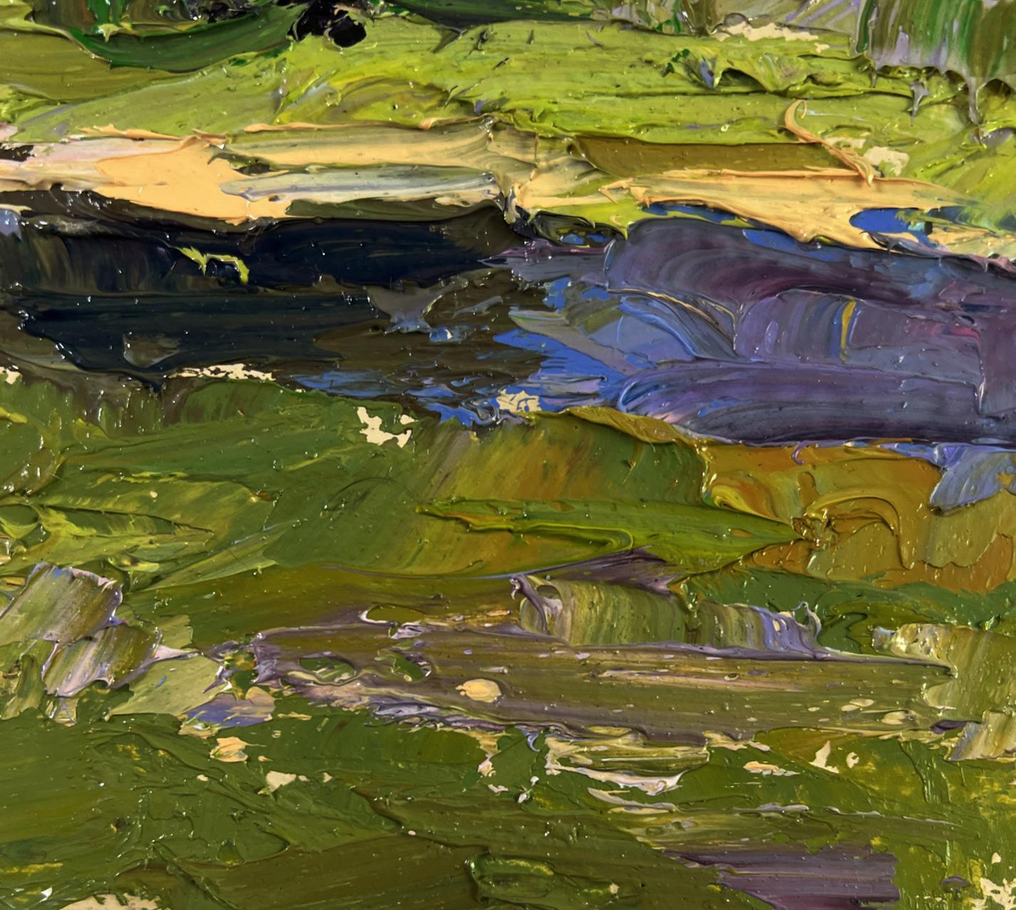 Oil painting Sunny day under a cloudy sky by Boris Serdyuk textured green yellow purple