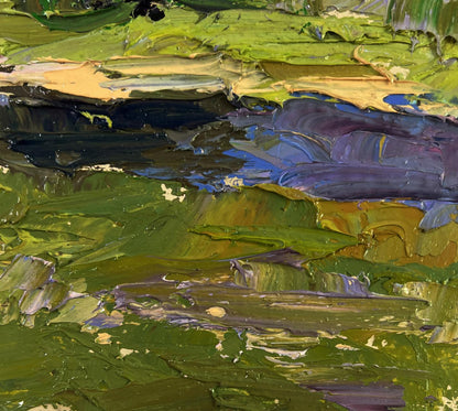 Oil painting Sunny day under a cloudy sky by Boris Serdyuk textured green yellow purple