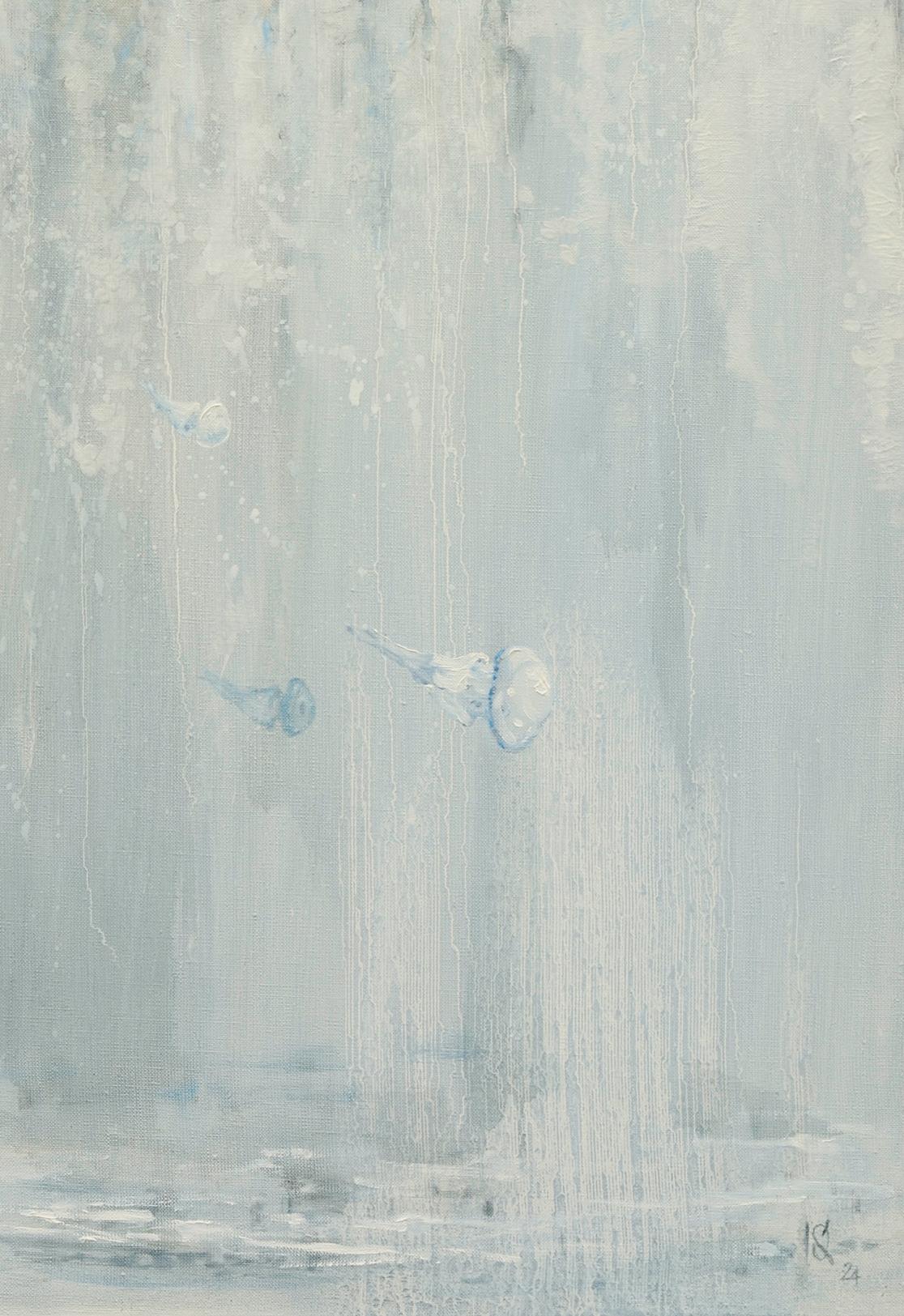 Oil painting Neptuno by Oleg Kateryniuk with blue white vertical brushstrokes