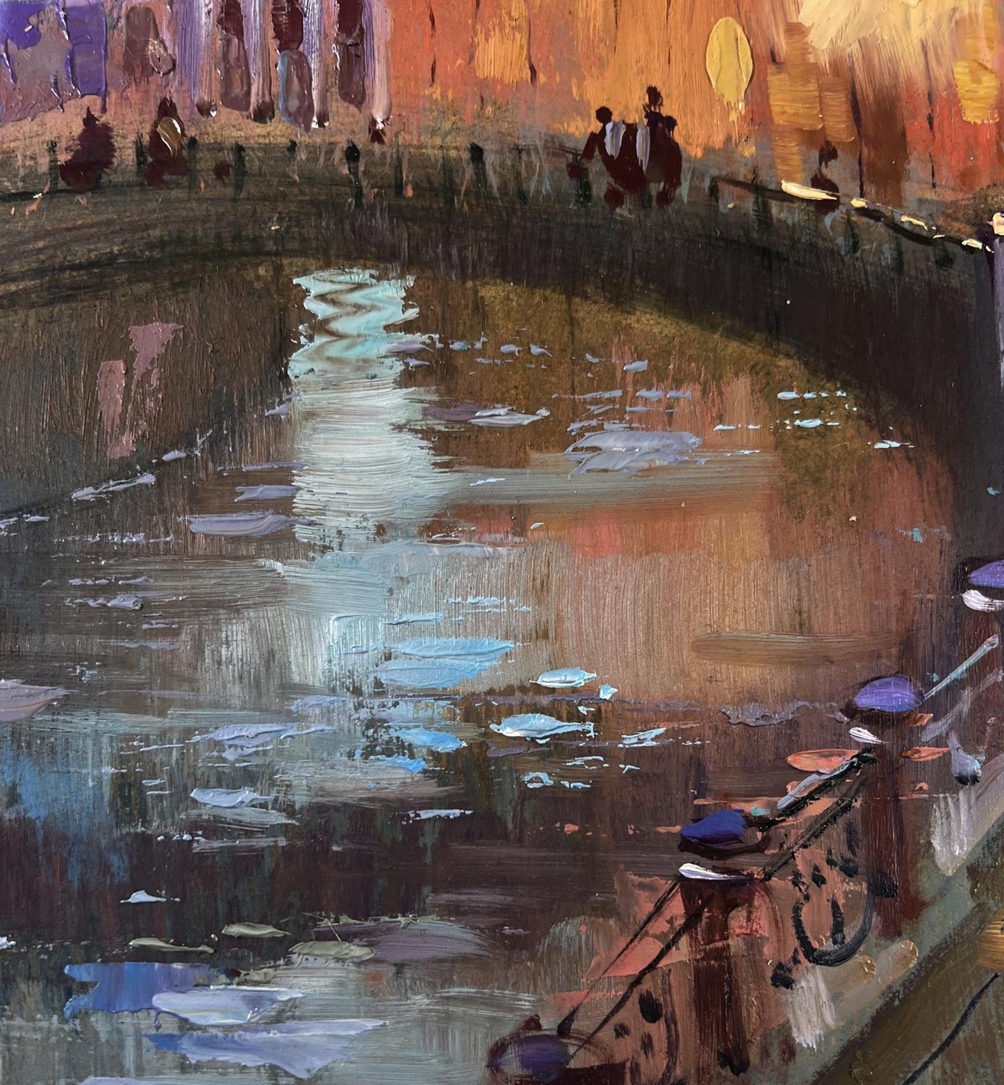 Warm-toned impressionist oil painting of city night canal by Yuriy Suprunchuk