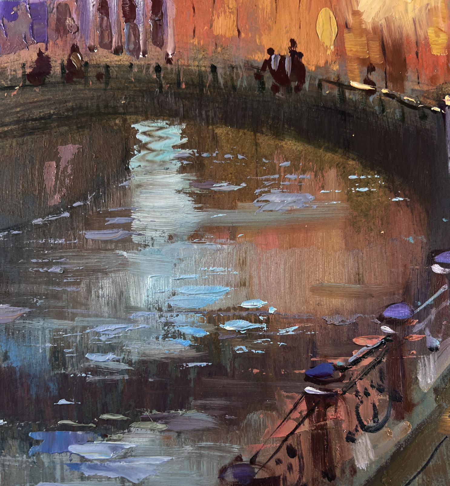 Warm-toned impressionist oil painting of city night canal by Yuriy Suprunchuk