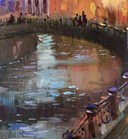 Warm-toned impressionist oil painting of city night canal by Yuriy Suprunchuk