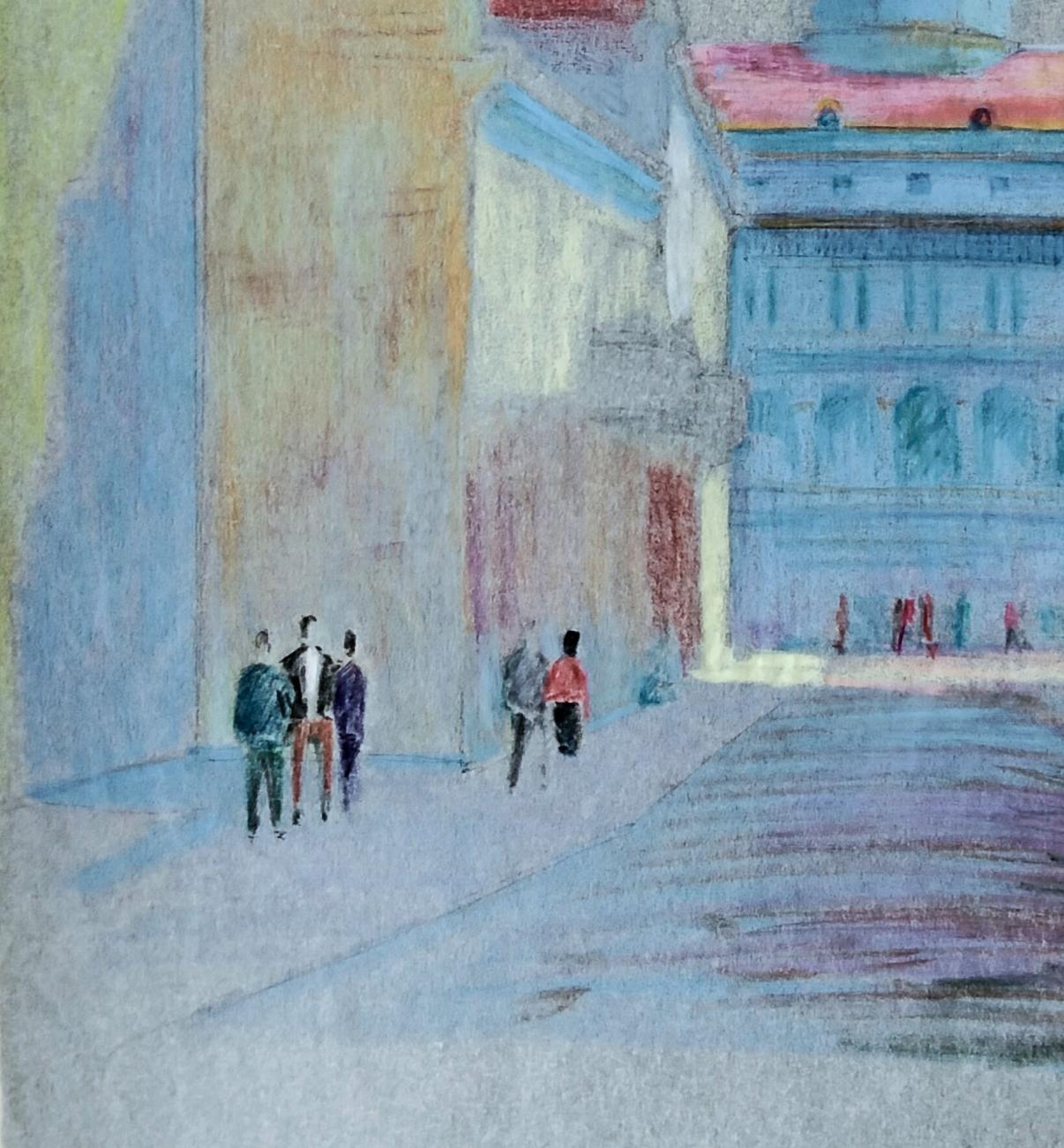 Birds eye view pastel city street painting by Vitaly Duhnevich