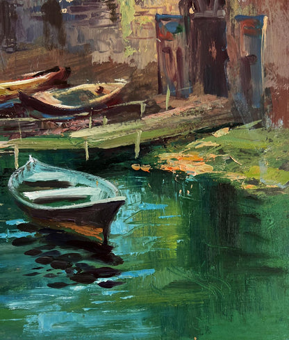 Oil painting of teal rowboat in calm water by quiet houses dock by Yuriy Suprunchuk