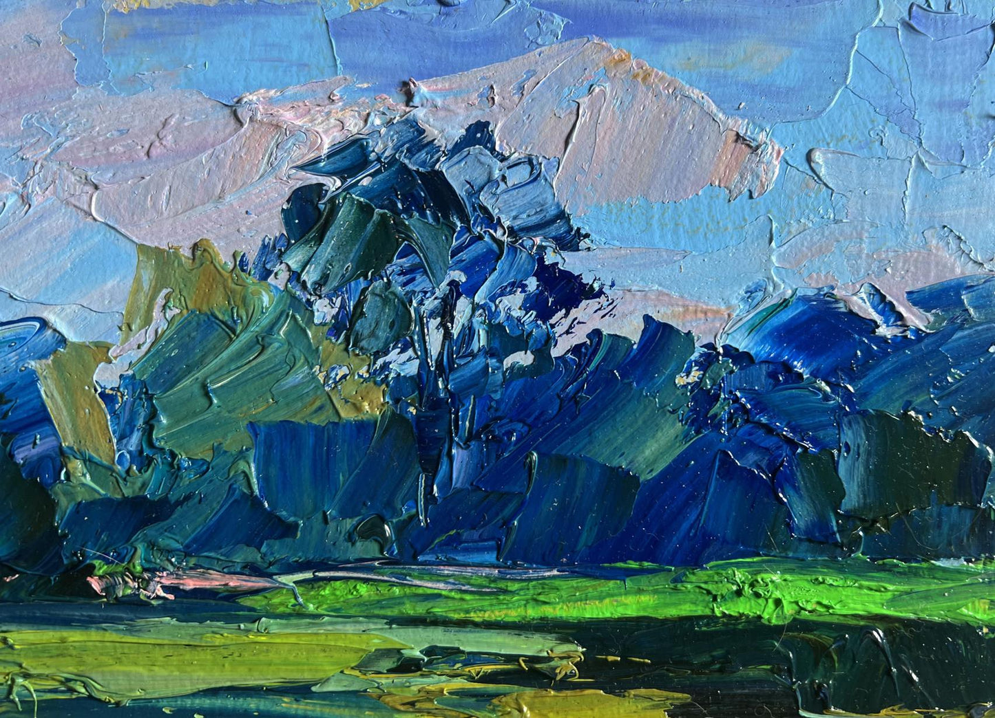 Textured impasto oil painting Morning on the lake Boris Serdyuk mountains