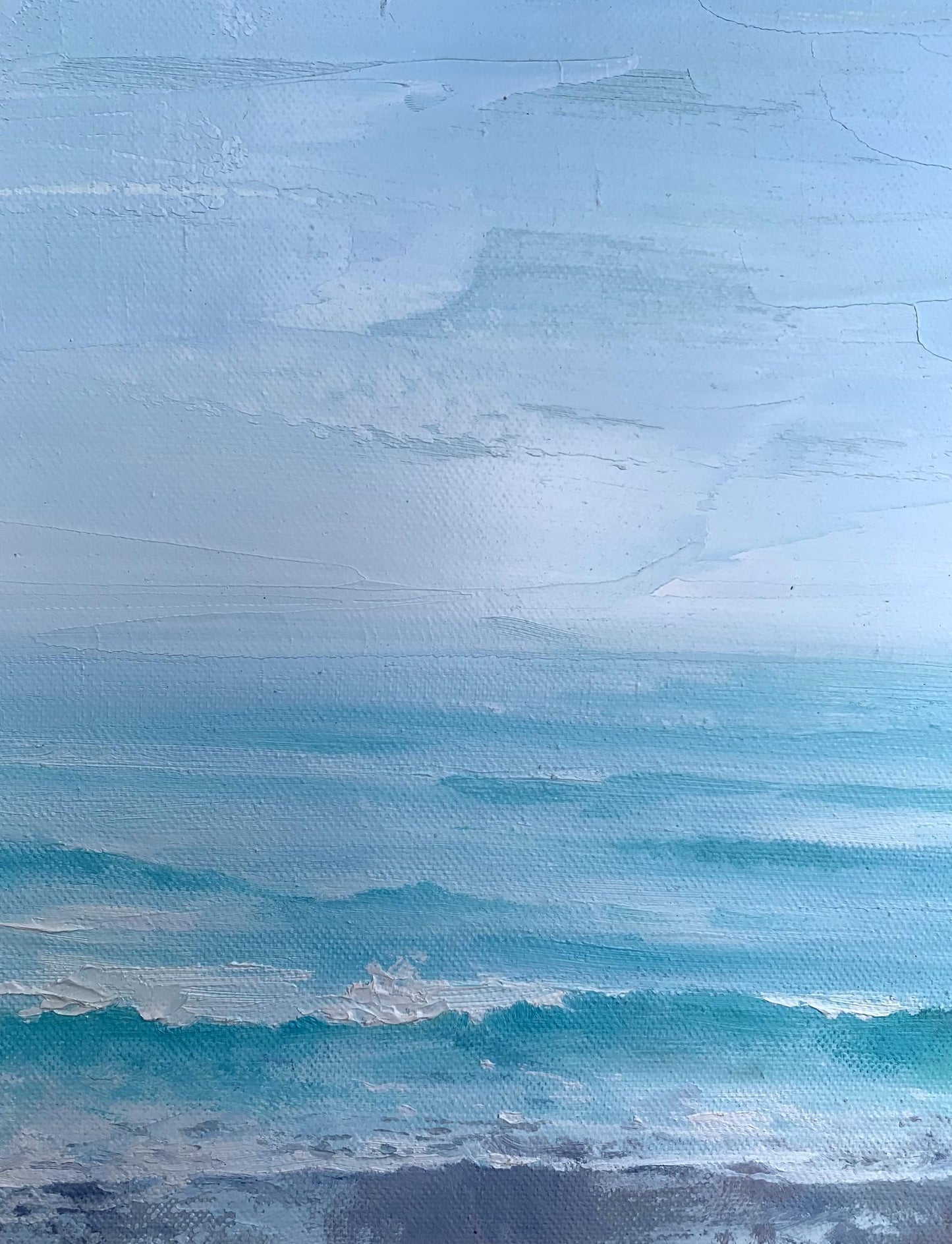 Oil painting Warm sea by Tatyana Derdey, textured blue turquoise waves with foam