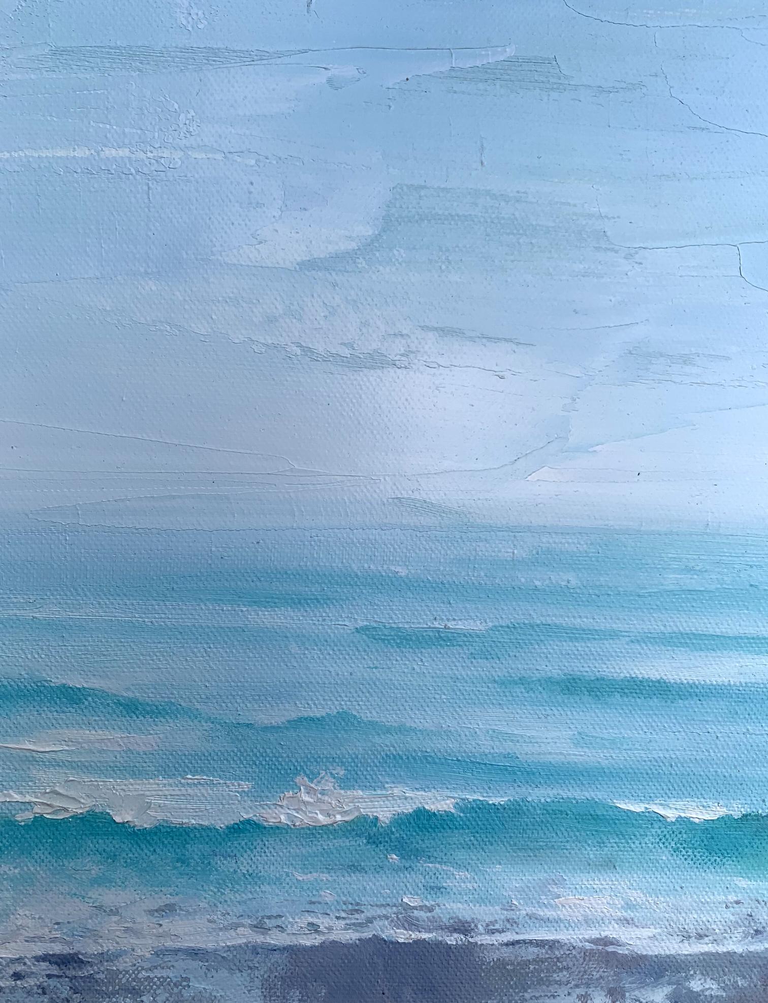Oil painting Warm sea by Tatyana Derdey, textured blue turquoise waves with foam