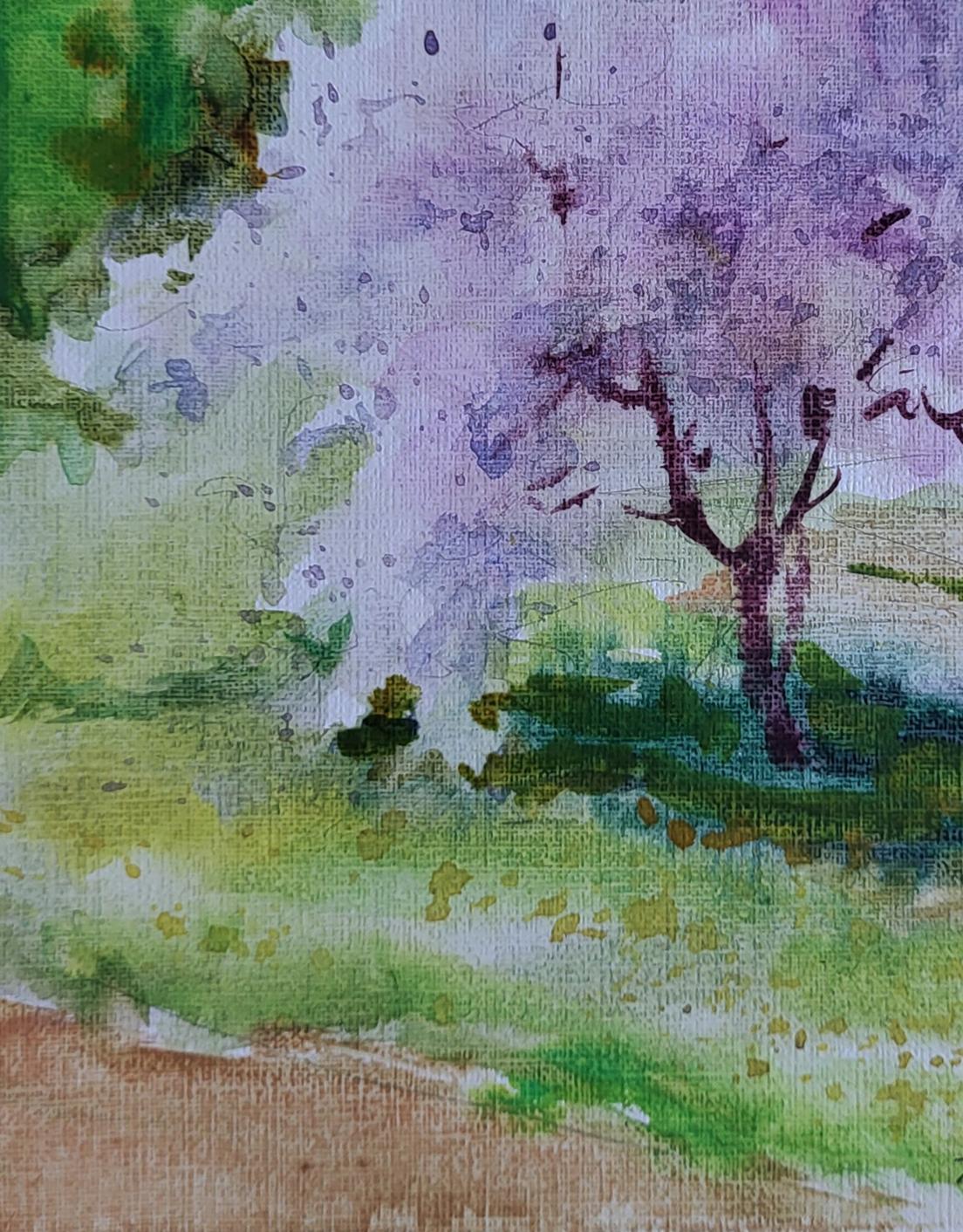 Watercolor painting Gentle April by Boris Serdyuk, purple blossoms tree