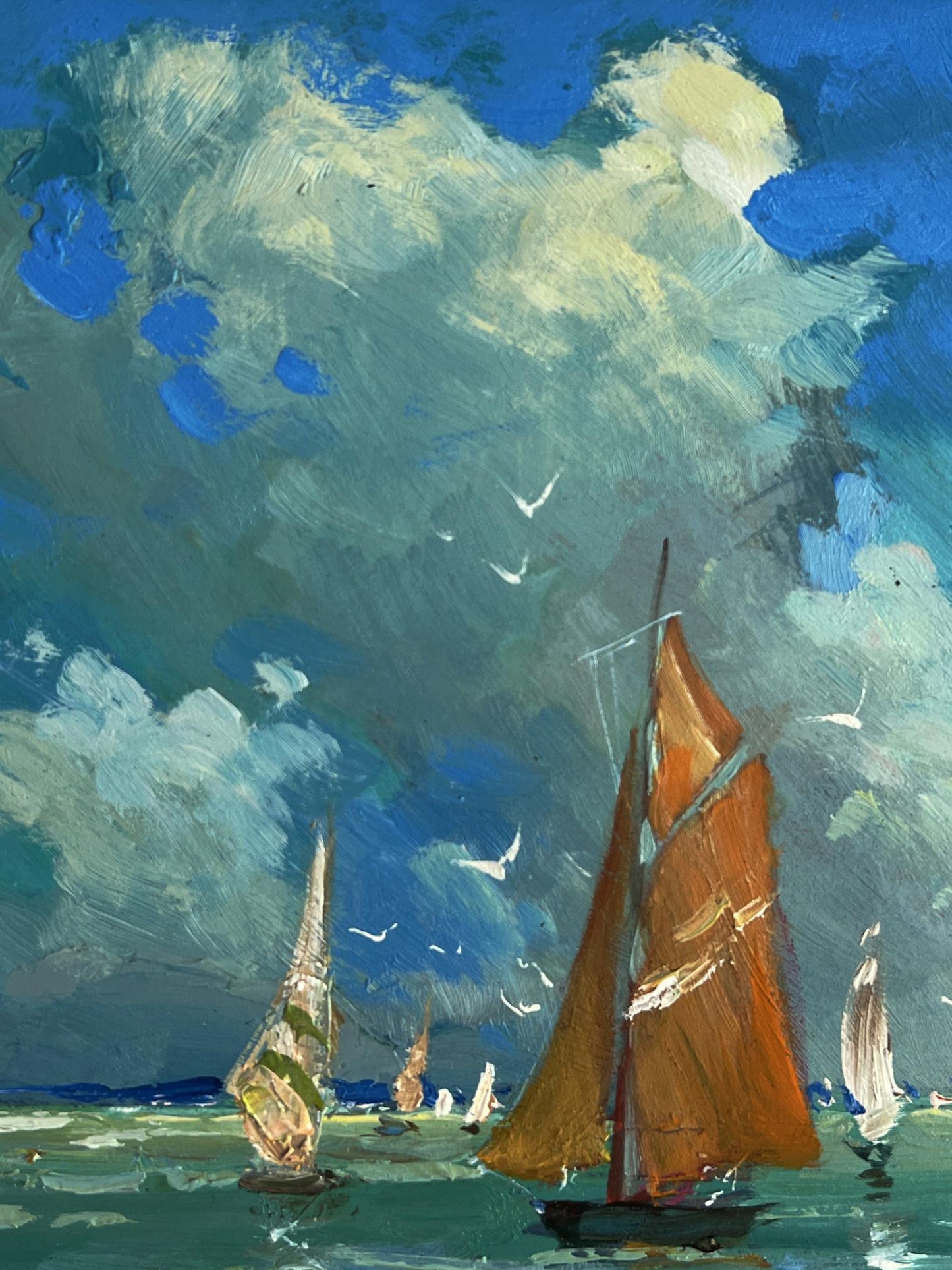 Oil painting of vibrant orange sailboat at sea by Yuriy Suprunchuk