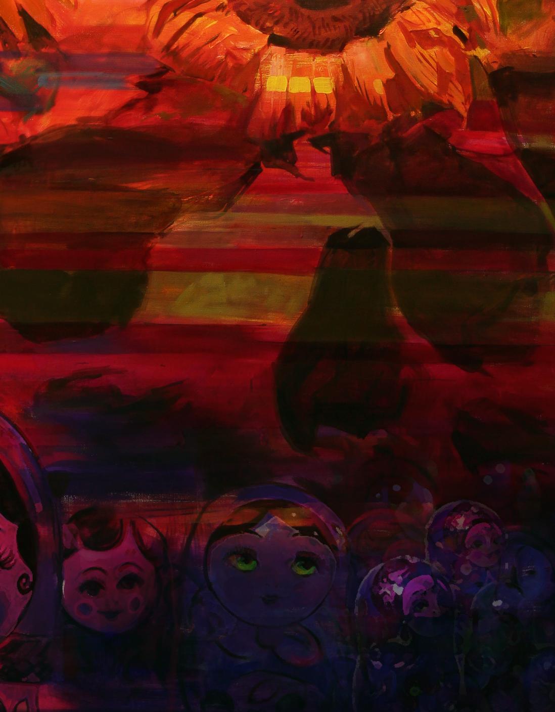 Oil painting To the light by Ed Potapenkov: orange sunflower over glowing-eyed matryoshka dolls