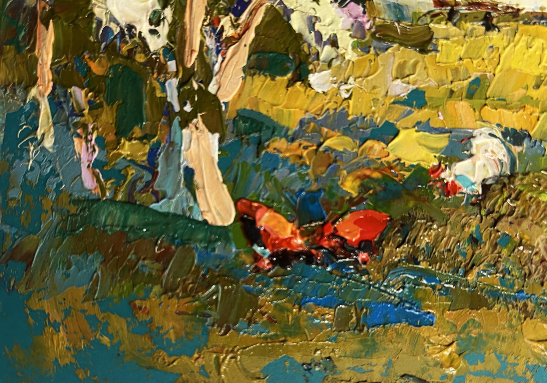 Oil painting of flowering trees in garden by Oksana Ivanyuk with red butterfly