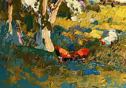 Oil painting of flowering trees in garden by Oksana Ivanyuk with red butterfly