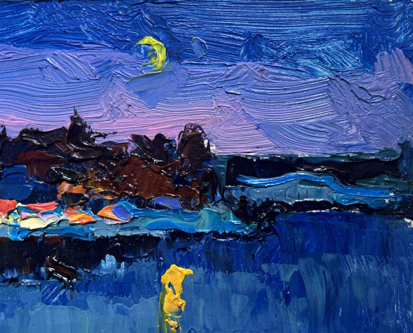Vibrant impressionist oil painting Moon over the river by Oksana Ivanyuk