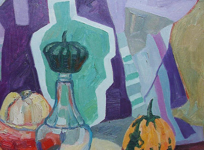 Dark green textured pumpkin on glass bottle in Tatyana Shulyak oil painting