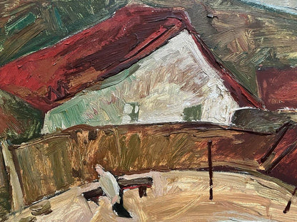 Oil painting of Fisherman’s House by Oleksandr Andreev, rustic white house with red roof