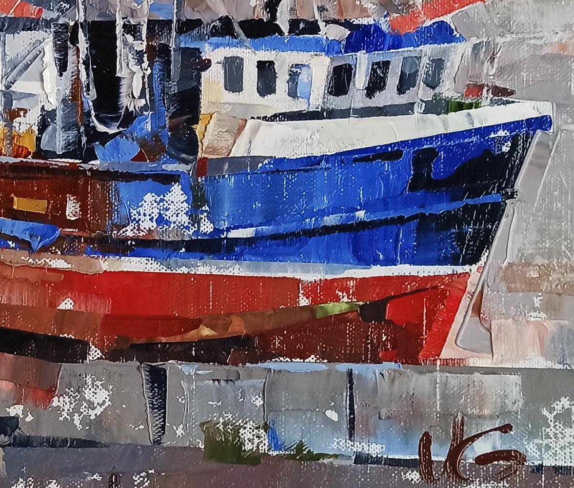 Vibrant oil painting of blue red boat in city port by Volodymyr Gluhomanyuk