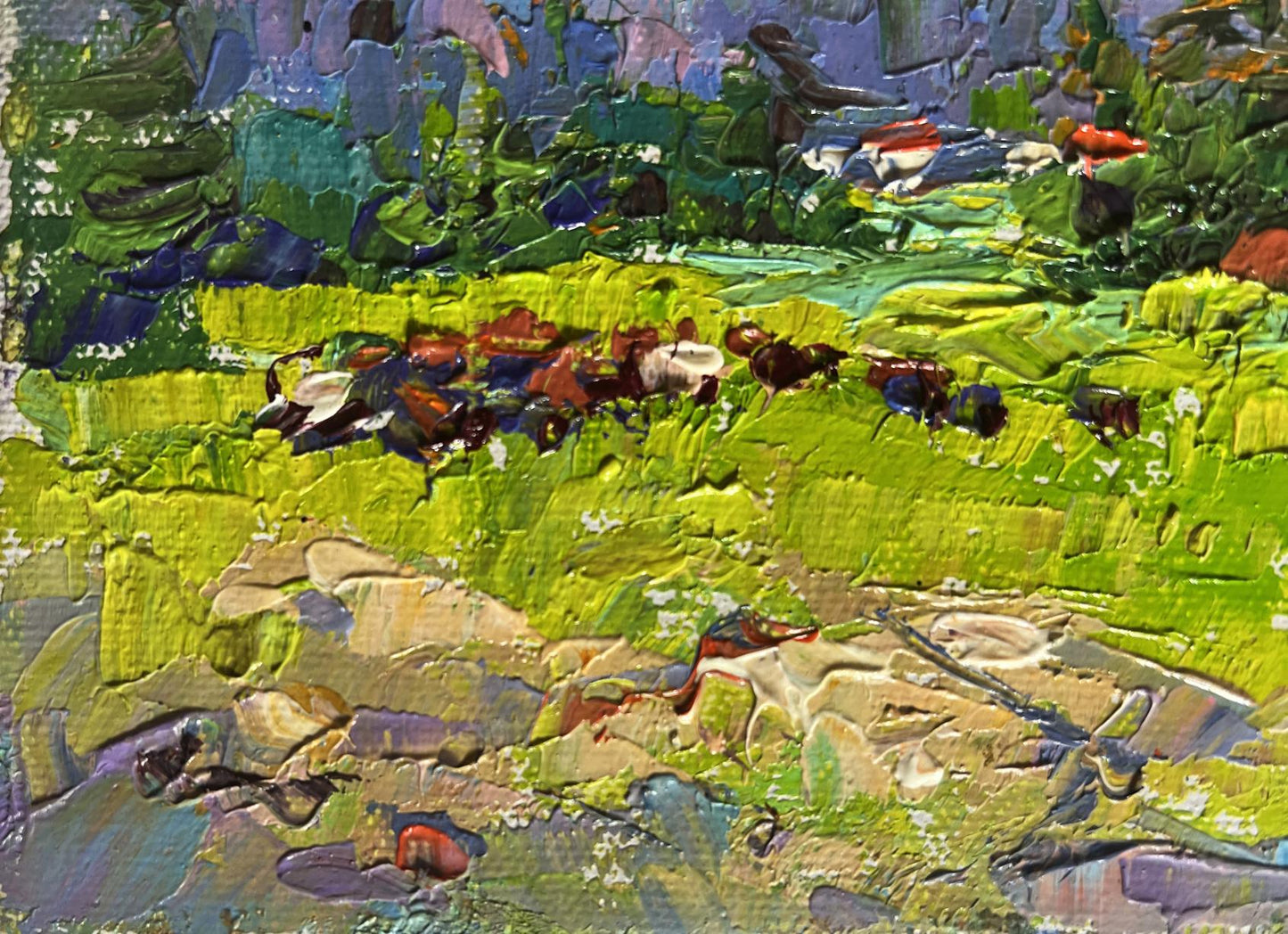 Vibrant impressionist oil painting of mountains in summer sun by Oleksiy Ivanyuk