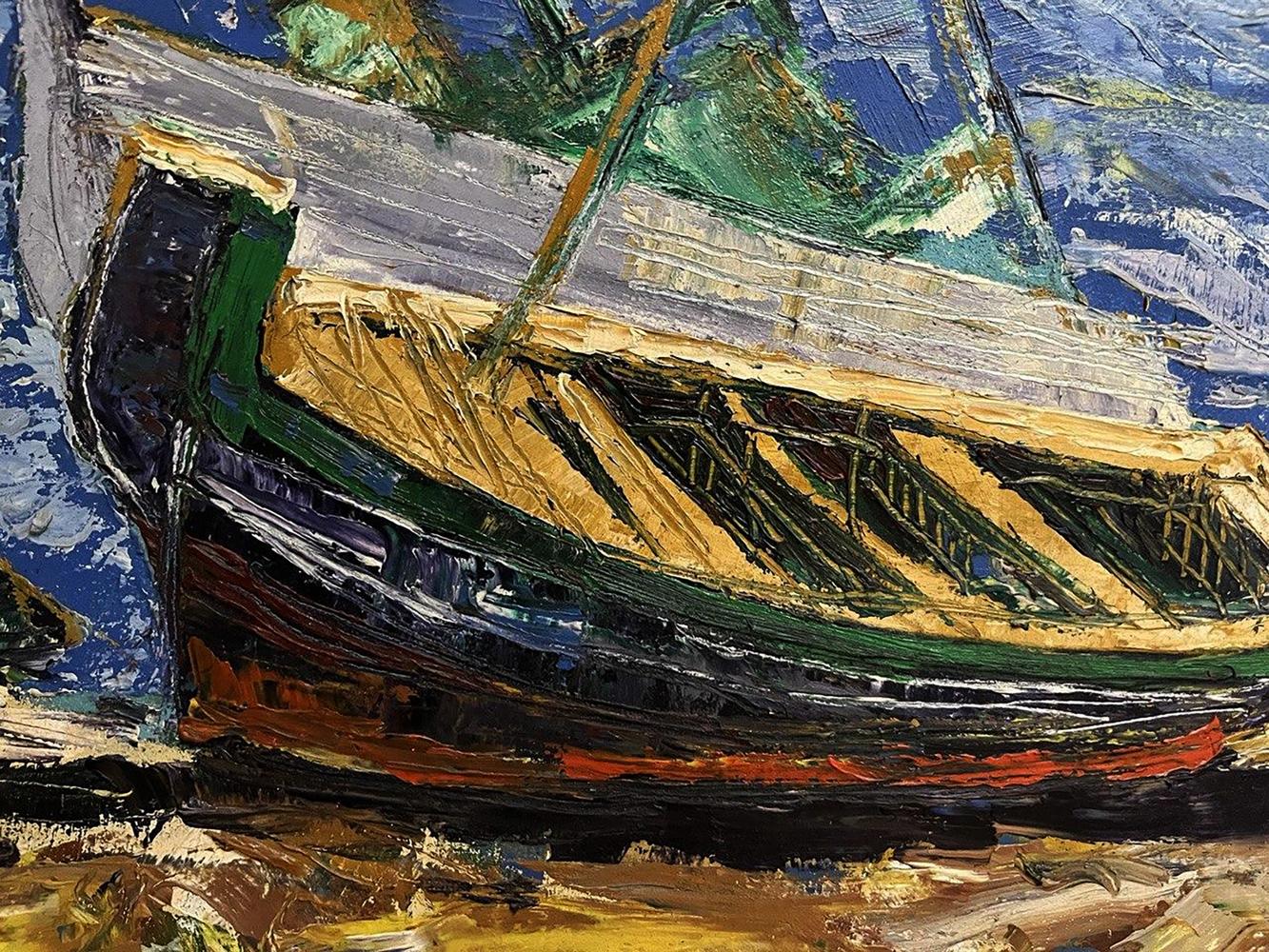 Vibrant impressionistic oil painting of Dock by Serhiy Kovalev, wooden fishing boat