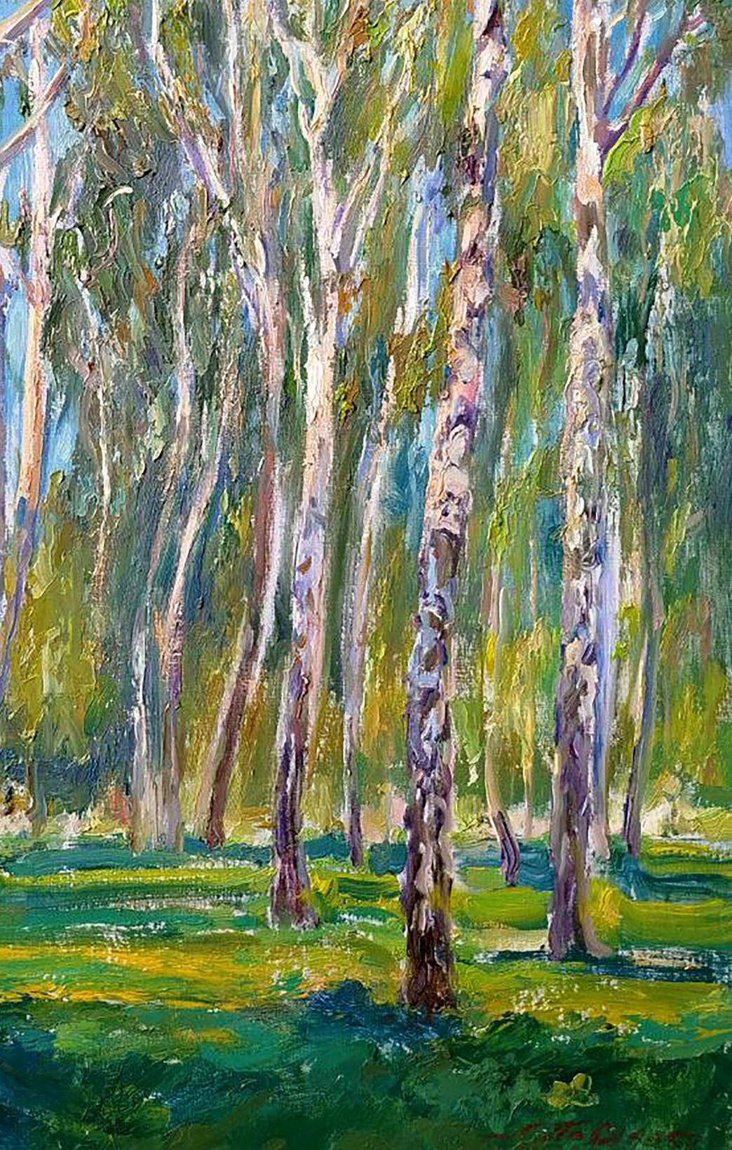 Vibrant impressionist oil painting Sunny morning Leonid Pavlenko birch trees