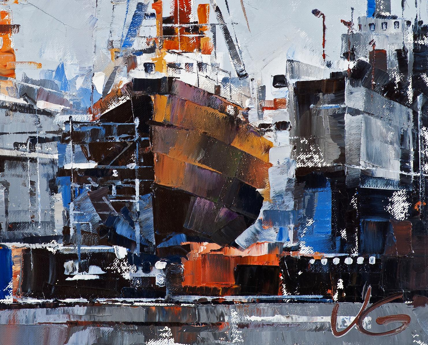 Abstract oil painting of Amrumbank lighthouse ships and cranes by Volodymyr Gluhomanyuk