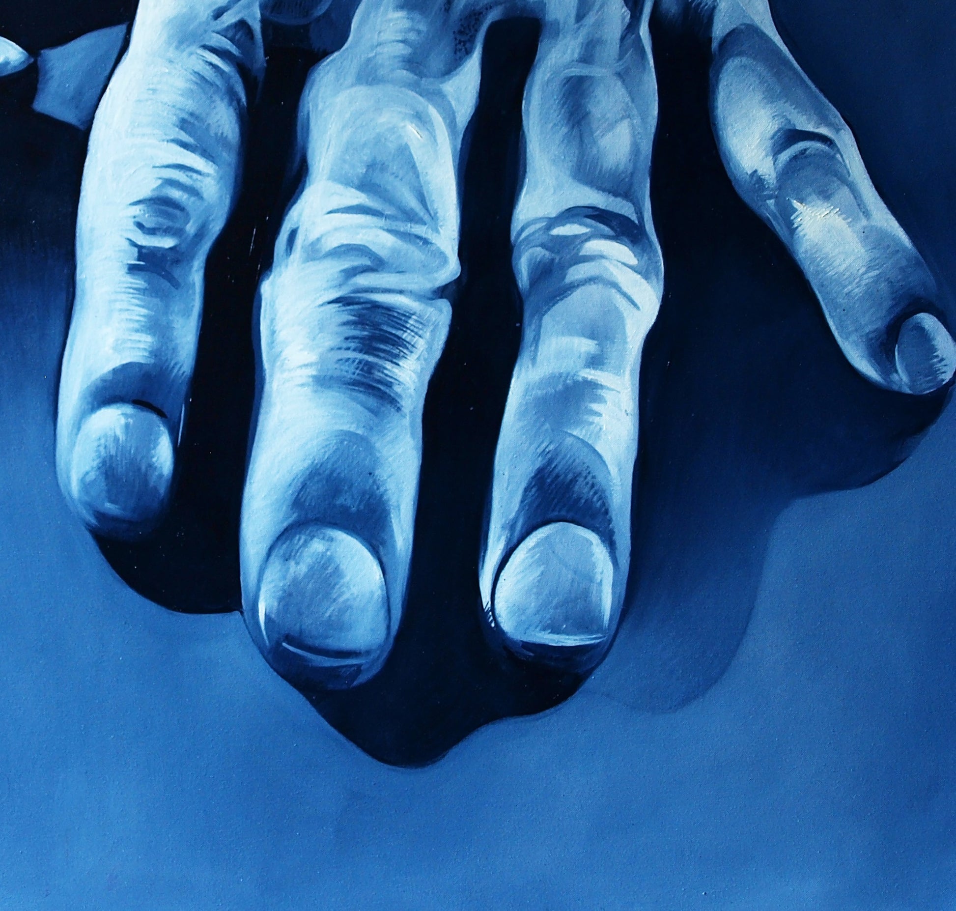 Detailed blue painted hand with realistic skin texture in Strong arms Konsta G. Amelinn oil painting