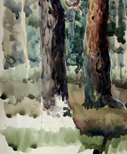 Watercolor painting of tree trunks by Vitaly Duhnevich