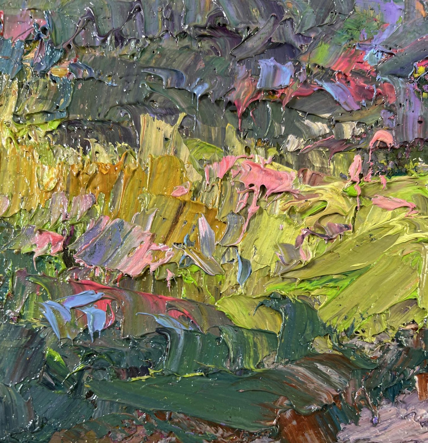 Oil painting Warmth in the air by Boris Serdyuk, vibrant green yellow pink purple strokes