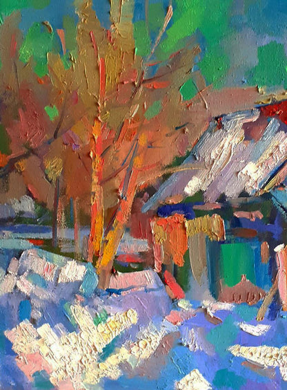Oil painting Winter snowy morning by Peter Dobrev, vibrant autumn trees