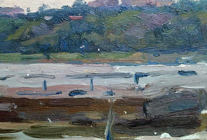 Oil painting of city pier river scene by Yury Konovalov