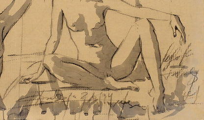 Charcoal ink figure sketch by Dima Filatov on aged paper