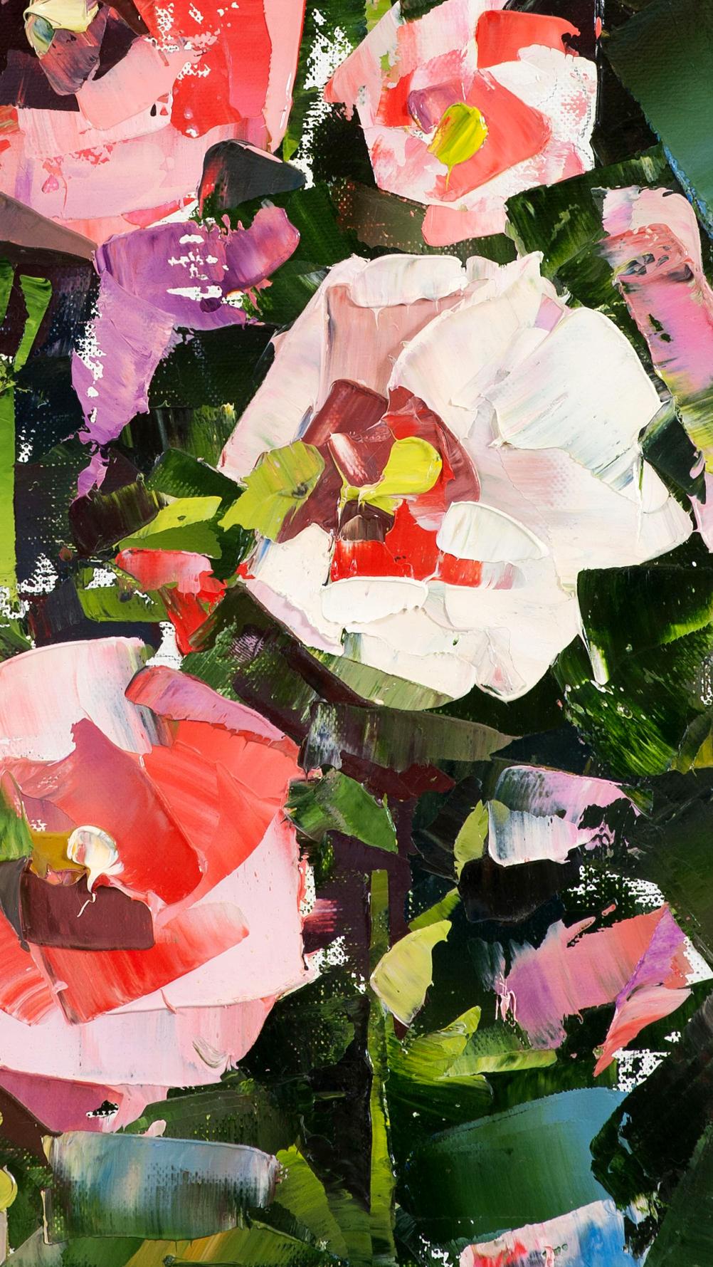 Vibrant impressionistic oil painting of pink white roses by Volodymyr Gluhomanyuk