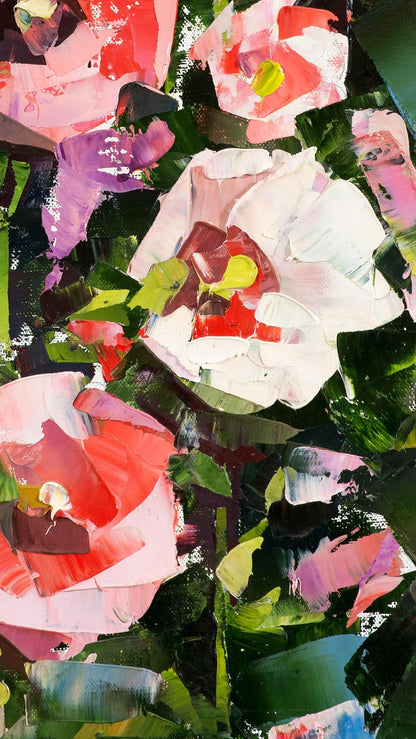 Vibrant impressionistic oil painting of pink white roses by Volodymyr Gluhomanyuk