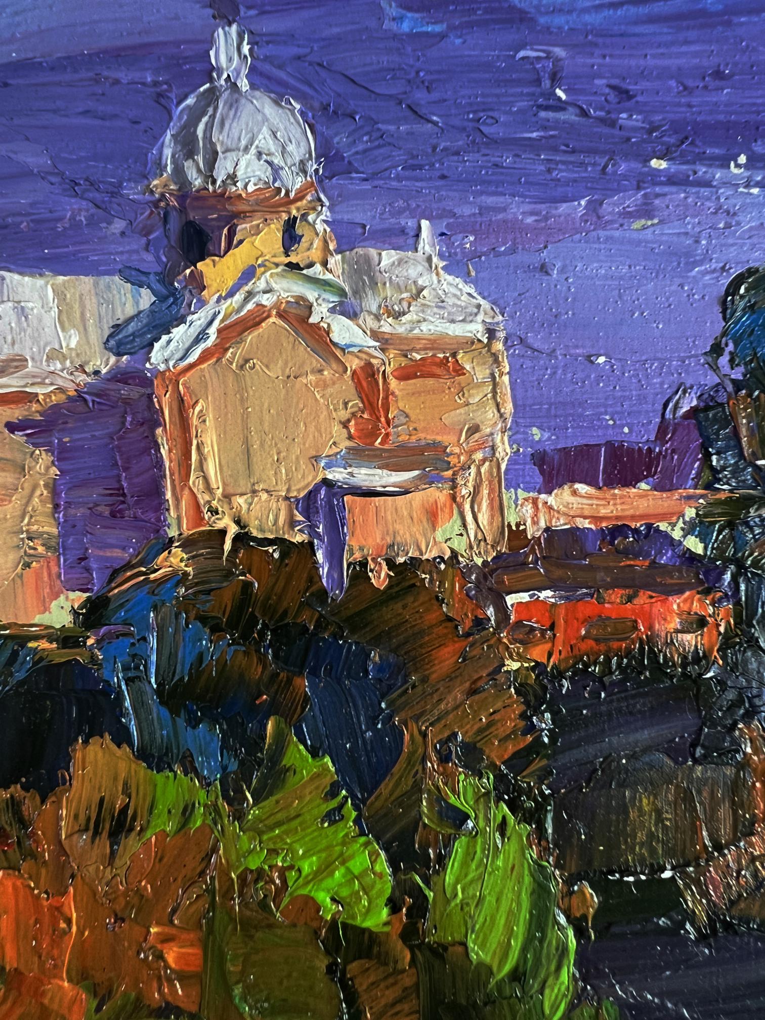 Oil painting The Distant Temple by Boris Serdyuk, purple gold domed building
