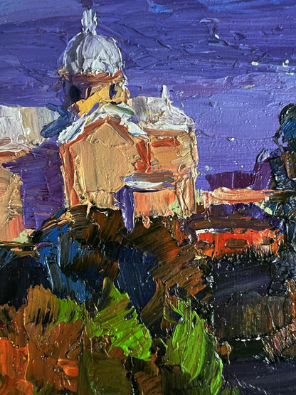 Oil painting The Distant Temple by Boris Serdyuk, purple gold domed building