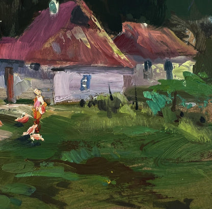 Vibrant impressionistic oil painting of Yuriy Suprunchuk village cottage among mountains