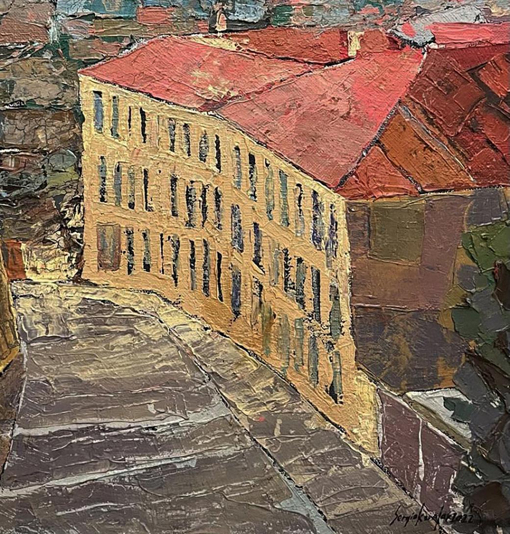 Oil painting of city alley by Serhiy Kovalev, red roof, yellow walls, impasto