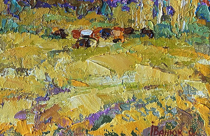 Oil painting Bows in autumn by Oleksiy Ivanyuk with yellow green fields