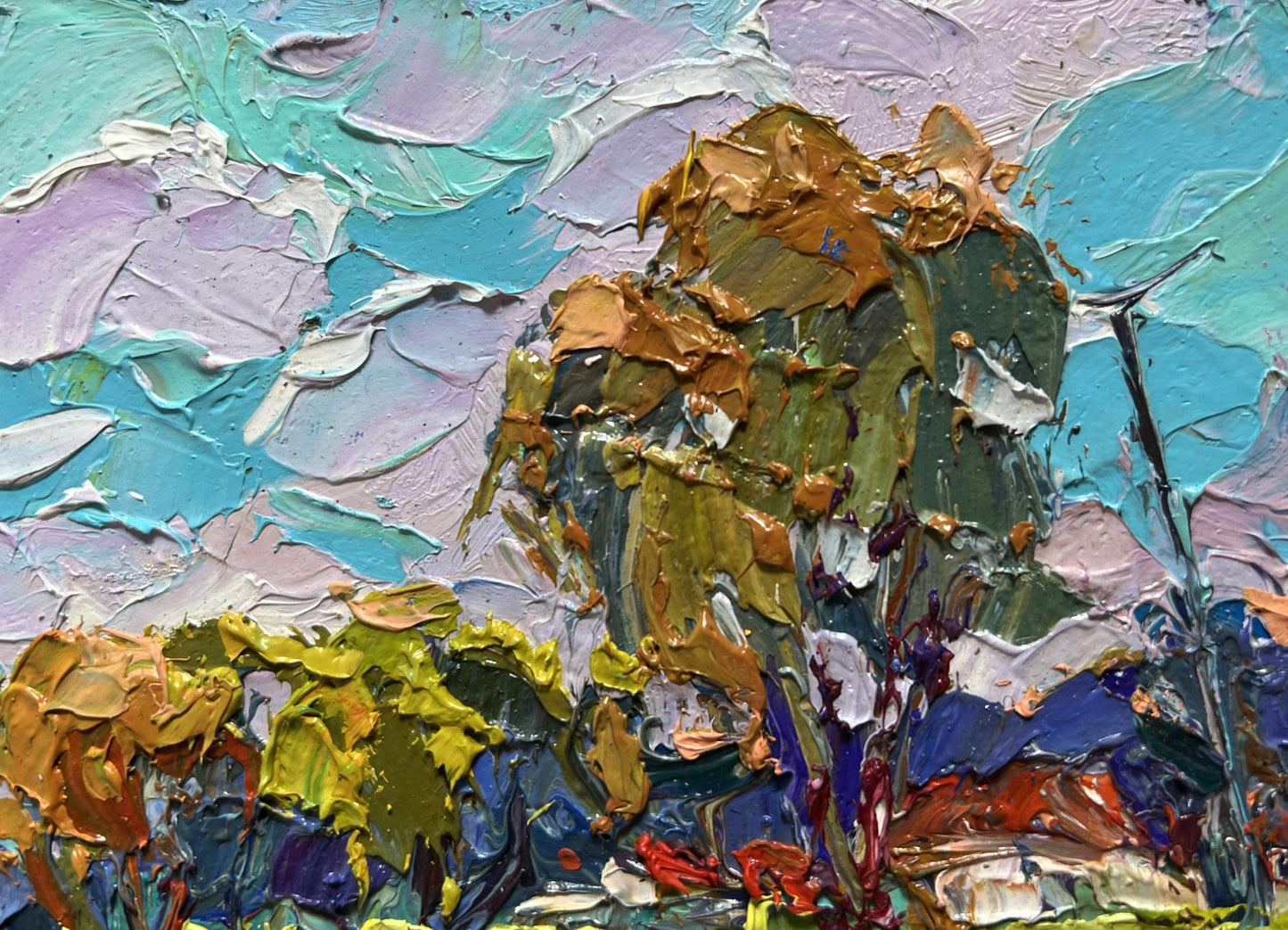 Oil painting Near the village lake by Oksana Ivanyuk textured tree in greens golds teal sky