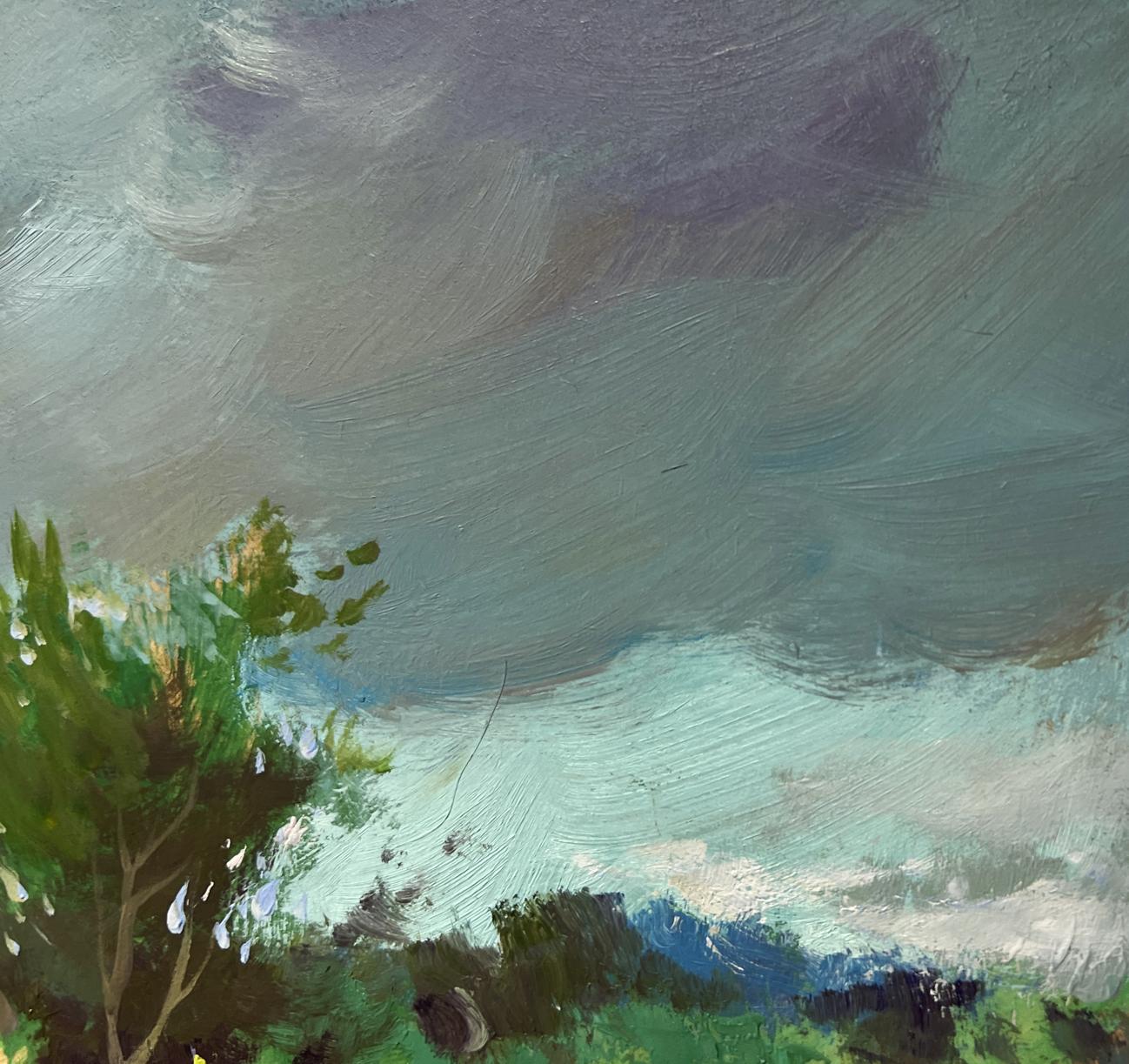 Oil painting On the outskirts of the village by Yuriy Suprunchuk textured tree foliage sky