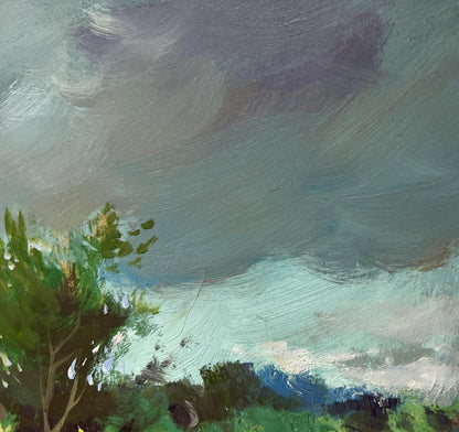 Oil painting On the outskirts of the village by Yuriy Suprunchuk textured tree foliage sky