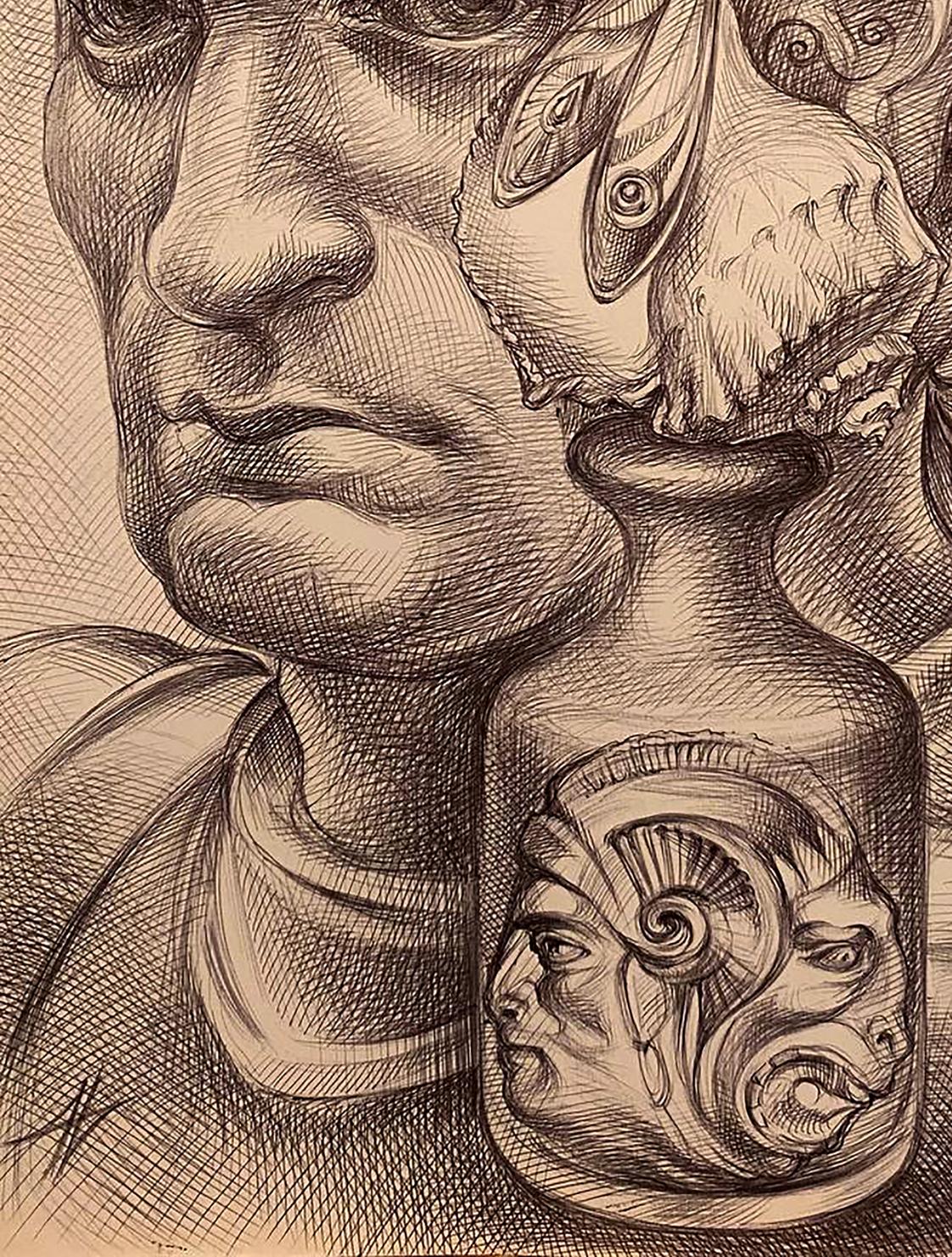 Detailed pencil sketch of Thoughtful look Natalia Bulat glass bottle