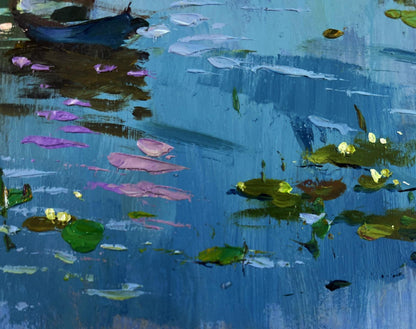 Vibrant impressionist oil painting of pond with lily pads, boat reflection by Yuriy Suprunchuk