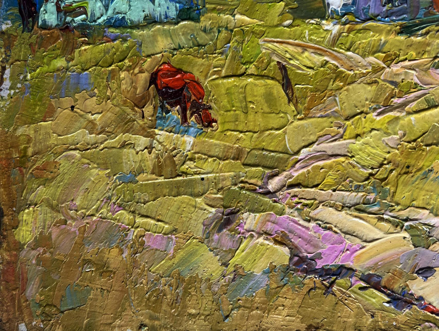 Oil painting Autumn has come to the village by Oksana Ivanyuk, vibrant red figure on yellow green impasto