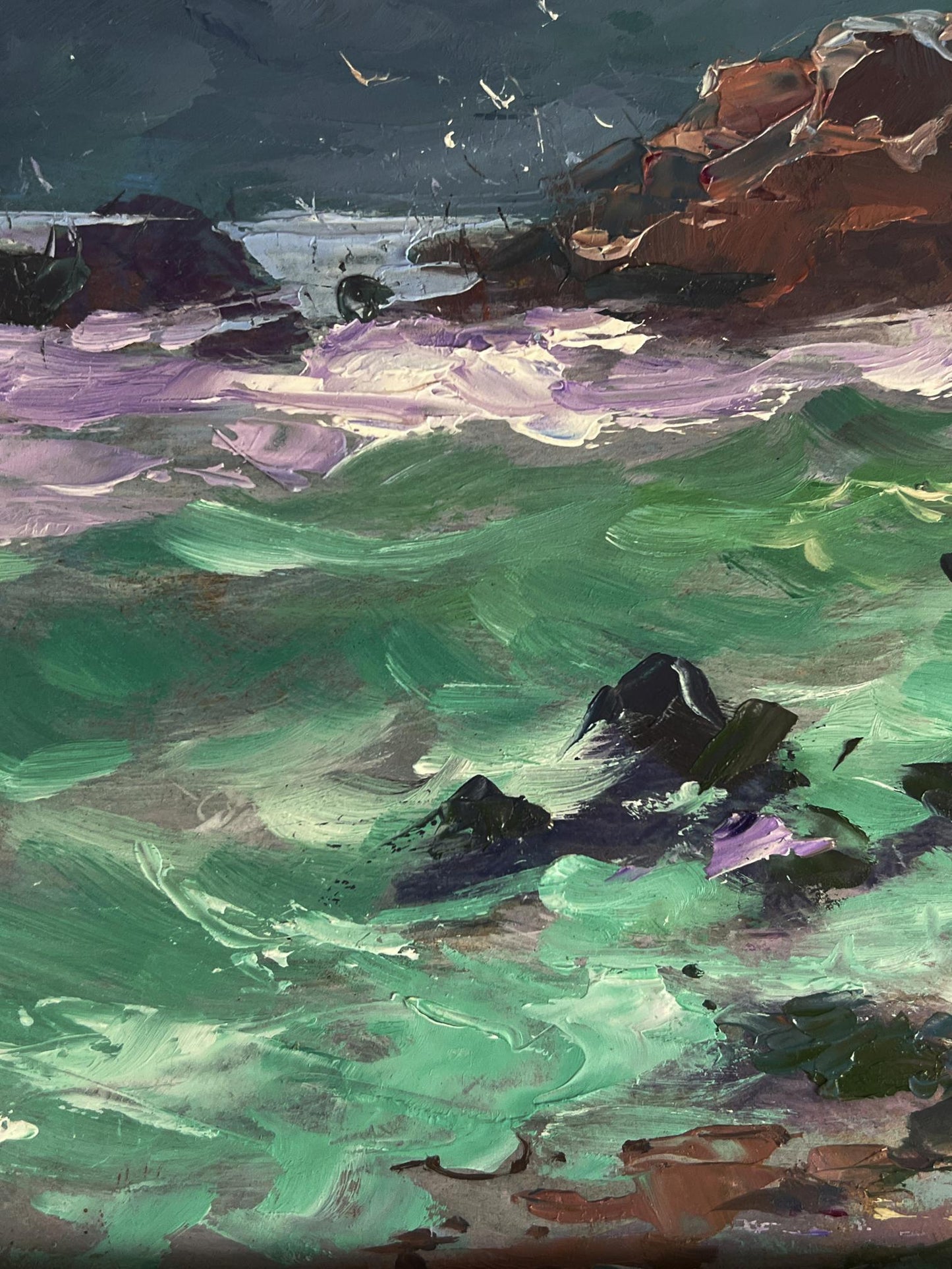 Oil painting of vibrant green purple waves crashing on rocks by Yuriy Suprunchuk