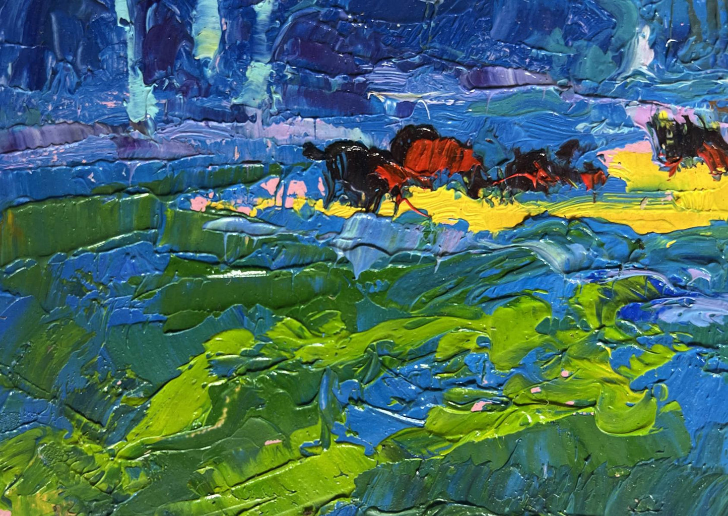Vibrant impressionist oil painting Spring Meadows by Oksana Ivanyuk