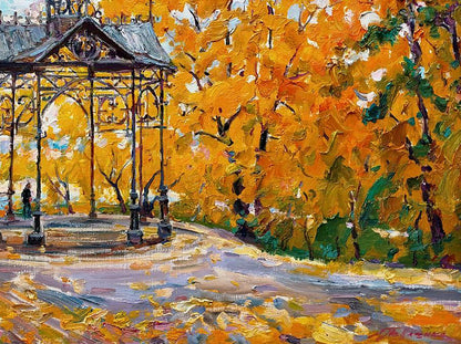 Oil painting of ornate black metal gazebo in autumn landscape by Leonid Pavlenko
