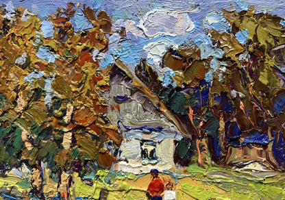 Oil painting of sunny courtyard by Oksana Ivanyuk with autumn cottage