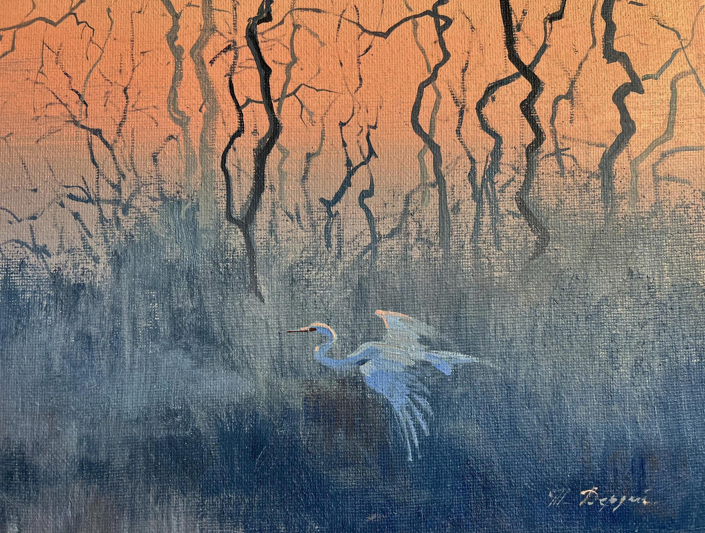 White heron gliding in Tatyana Derdeys Evening on a Misty Lake oil painting